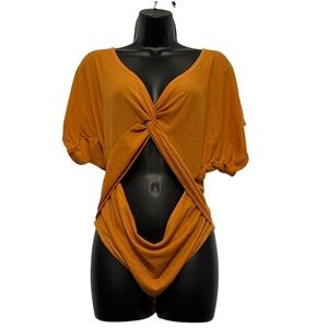 Intimately Free People Orange Open Front Short Sleeve Bodysuit Front Twist